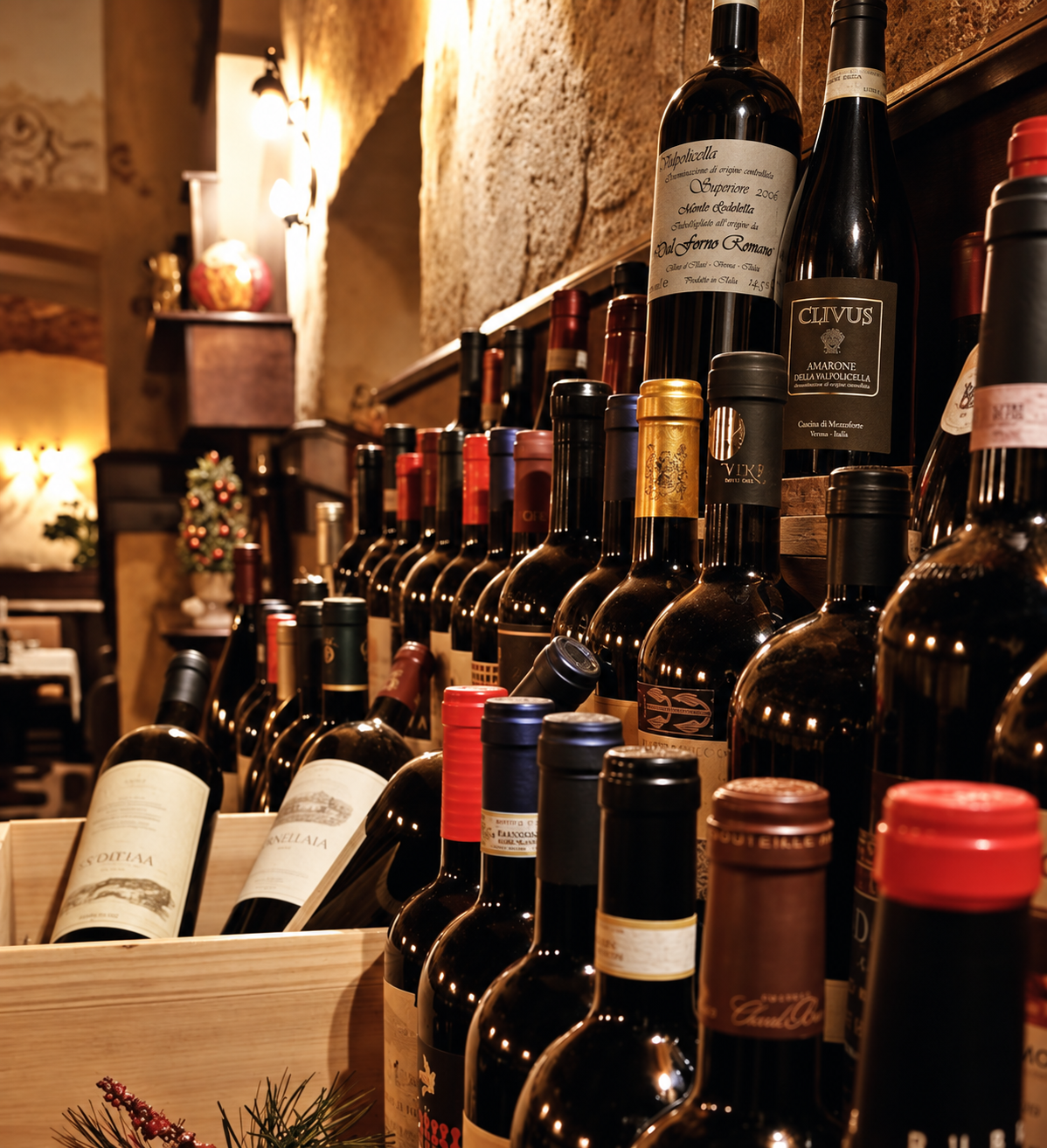 Casa Hirscher wine bottles in a historic cellar